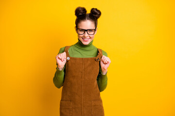 Sticker - Portrait of her she nice attractive lovely content cheerful cheery knowledgeable girl nerd posing isolated bright vivid shine vibrant yellow color background