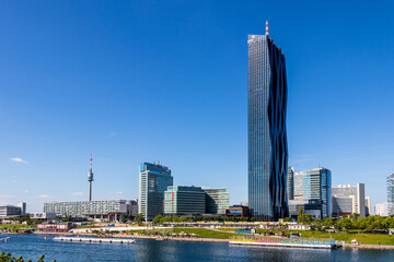 Panorama of Donau City with Skyscrapers, DC Tower and Promenade in Danube City, Vienna, Austria, Europe