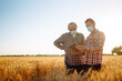© maxbelchenko - Two farmers in sterile medical masks with a tablet in their hands in a wheat field during pandemic. Agro business. Harvesting. Covid-2019.