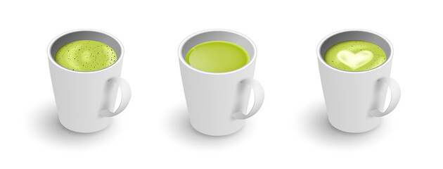 Realistic 3d cup of hot aromatic green Japanese tea matcha latte drink set. A teacup isometric view isolated on white background. Vector illustration for web design, menu, app, advert