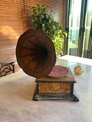 close up gramophone on table.