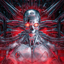 Chrome Killer Robot / 3D Illustration Of Science Fiction Skull Faced Evil Cyborg Connected To Alien Machinery