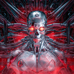 Wall Mural - chrome killer robot / 3d illustration of science fiction skull faced evil cyborg connected to alien 