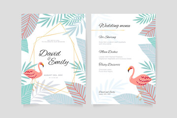 Wedding invitation and menu template with blue leaves and pink flamingo