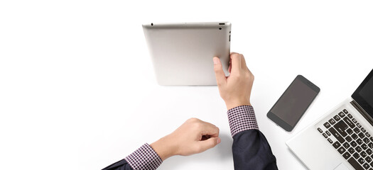 Hands holding tablet touch computer gadget with isolated screen