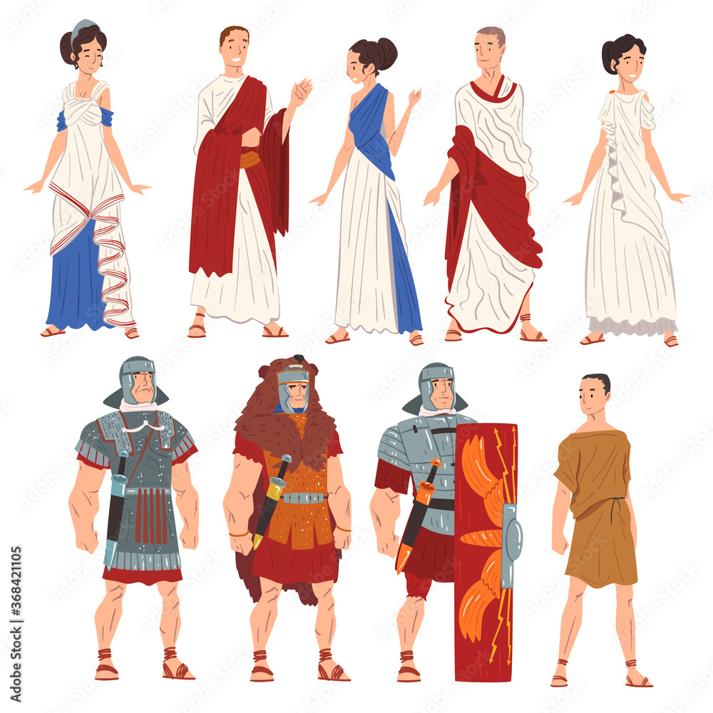 Roman Men and Women in Traditional Clothes Collection, Ancient Rome Citizens and Legionnaires Characters Vector Illustration - obrazy, fototapety, plakaty 