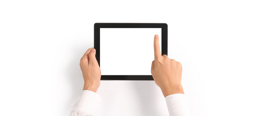 Hands holding tablet touch computer gadget with isolated screen