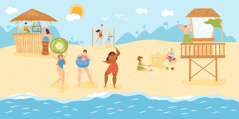 Wall Mural - Beach leisure for people at summer vacation, vector illustration.Man woman character at tropical ocean resort, holiday cartoon lifestyle. Happy relax travel at seaside, fun recreation activity.