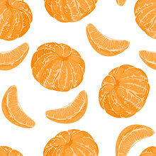 Seamless Pattern With Tangerines On White Background. Peeled Whole Mandarins And Slices. Vector Illustration In Cartoon Flat Style.