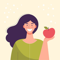 Smiling young woman is eating an apple. Diet food, healthy lifestyle, vegetarian food, raw food diet. Student snack. Flat cartoon vector illustration.