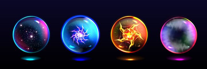 Magic spheres, crystal balls with lightning, energy burst, stars and mystical fog inside. Vector realistic set of glass globes, glowing orbs for magician and fortune teller