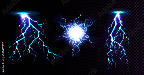 Fotomural Electric ball and lightning strike, impact place, plasma sphere or magical energy flash in blue color isolated on black background