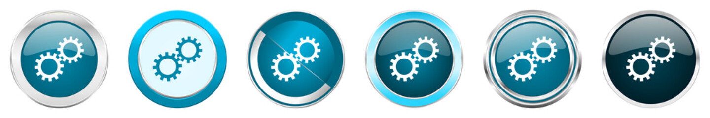 Aufkleber - Gear silver metallic chrome border icons in 6 options, set of web blue round buttons isolated on white background