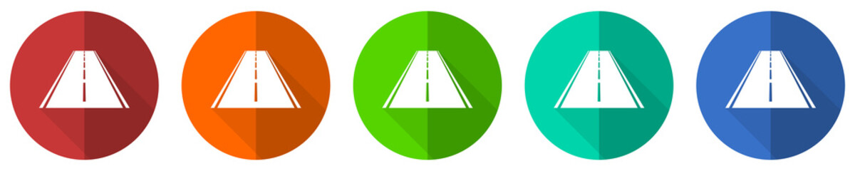 Aufkleber - Road icon set, red, blue, green and orange flat design web buttons isolated on white background, vector illustration