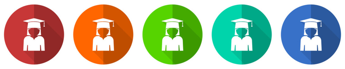 Poster - Graduate icon set, education, female student, red, blue, green and orange flat design web buttons isolated on white background, vector illustration