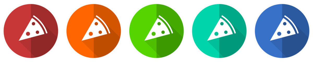 Aufkleber - Pizza icon set, food, restaurant, red, blue, green and orange flat design web buttons isolated on white background, vector illustration