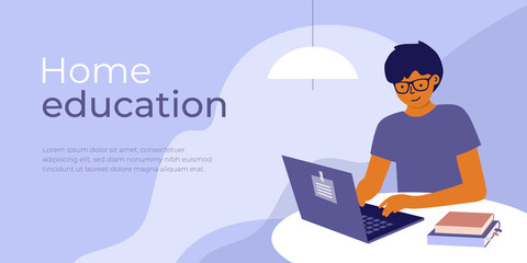 Online education from home. E-learning concept. Young man sitting behind table studying using laptop and books. Student guy learns remotely. Design template for banner layout. Flat vector illustration