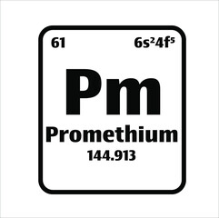 Canvas Print - Promethium (Pm) button on black and white background on the periodic table of elements with atomic number or a chemistry science concept or experiment.	