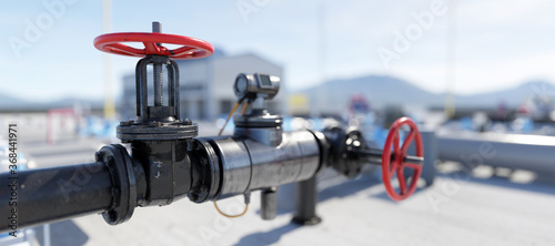 Gas tap with pipeline system at natural gas station. Poster Mural XXL