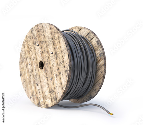 Fotografía Wooden coil with cable on a white background. 3d illustration