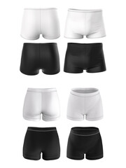 Wall Mural - Men's and women's short shorts, underwear, swimming trunks, clothes for a cyclist. Black and white mock up. Clothing templates. 3d realistic render isolated on white background.