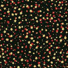Vector Seamless Pattern With Small Pretty Red And Yellow Flowers On Black Backdrop. Liberty Style Millefleurs. Simple Floral Background. Elegant Ditsy Ornament. Repeat Design For Decor, Wallpapers