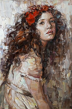 Portrait Of A Young, Dreamy Girl With Curly Brown Hair On A Mysterious Abstract Background. She Looks Very Mystical And Thoughtful. Palette Knife Technique Of Oil Painting