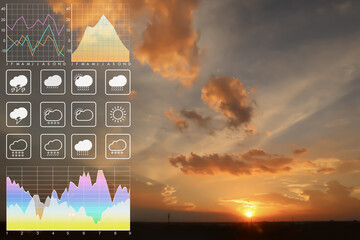 Wall Mural - weather forecast symbol data presentation with graph and chart on dramatic atmosphere panorama view 