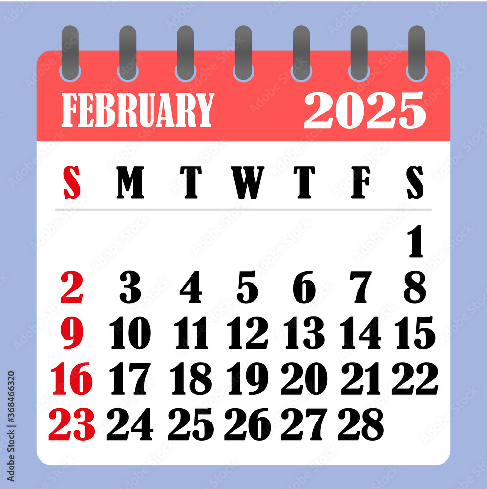 Letter calendar for February 2025. The week begins on Sunday. Time Design Letters Calendar 2025