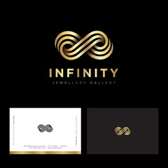 Poster - Infinity logo, consist of golden strips or ribbons. Infinity abstract emblem. Logo can be used for business, jewelries production, ladies luxury boutique.