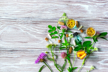 Wall Mural - Medical flowers herbs essential oils in bottles for natural diseases treatment on wooden table. Concept of natural cosmetics.