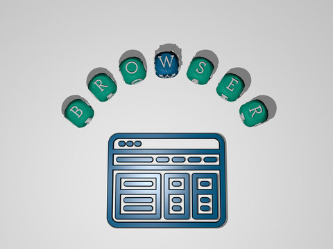 3D illustration of browser graphics and text around the icon made by metallic dice letters for the related meanings of the concept and presentations. computer and business