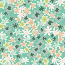 Daisy Silhouettes Floral Seamless Pattern With Blue Background. Pink, Grey, White And Green Flowers. Simple Art Work.