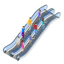 Isometric Escalator Isolated On White Background. People Stand On The Escalator In The Subway, Shopping Mall, Business Center.