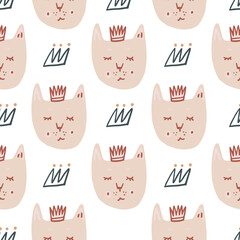Wall Mural - Isolated seamless cat doodle pattern with navy blue contoured crowns. Pastel pink pets faces on white background.