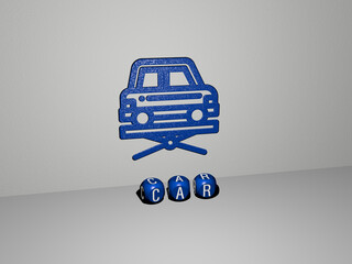 3D graphical image of CAR vertically along with text built by metallic cubic letters from the top perspective, excellent for the concept presentation and slideshows. illustration and auto