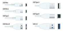 Flat white usb types port plug in cables set with realistic connectors. Connector and ports. USB type A, type B, type C, Micro, Mini, MicroB and type 3.0