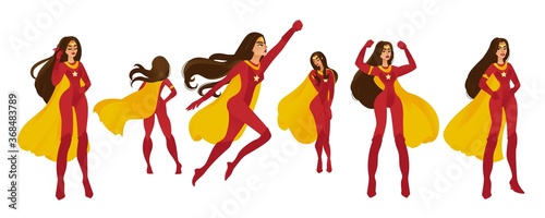 Fotomural Female set of superwomen and superheroes in a red costume with yellow cape