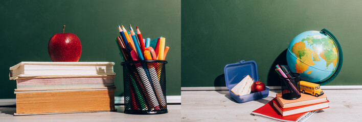 Wall Mural - collage of ripe apple on books near pen holder, globe near lunch box and school bus model on books near green chalkboard, horizontal image