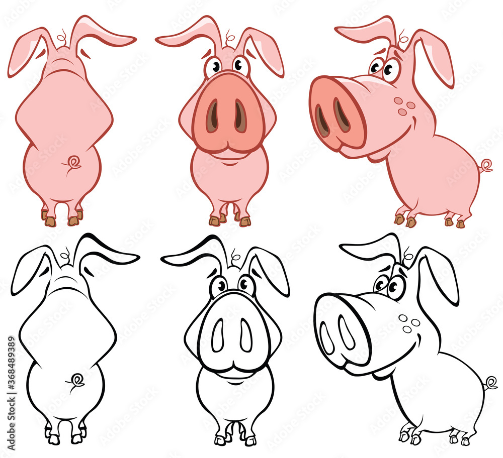 Vector Illustration of a Cute Cartoon Character Pig for you Design and Computer Game. Coloring Book Outline Set  - obrazy, fototapety, plakaty 