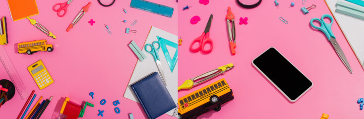 Wall Mural - collage of school stationery near smartphone with blank screen and school bus model on pink, horizontal concept