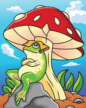 Cartoon Frog Is Relaxing On A Mushroom Against A Background Of Blue Sky