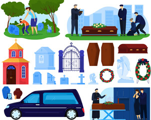 Funeral burial cemetery death ceremony vector illustration set. Cartoon flat sad people, ceremonial hearse car vehicle, coffin with dead person and wreath, tombstone burial grave isolated on white