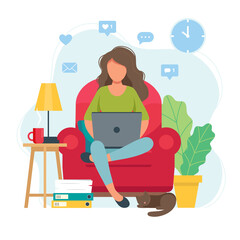 Home office concept, woman working from home sitting on a chair, student or freelancer. Cute illustration in flat style