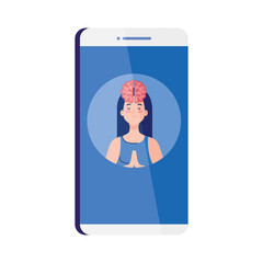 Wall Mural - mental health assistance online in smartphone, meditating woman with brain icon, on white background