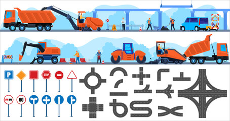 Road repair construction vector illustration flat set. Cartoon worker repairman character working on constructing equipment truck, people building concrete asphalt highway, roadworks isolated on white