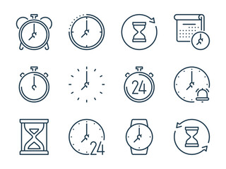 Poster - Time related vector line icons. Clock outline icon set.