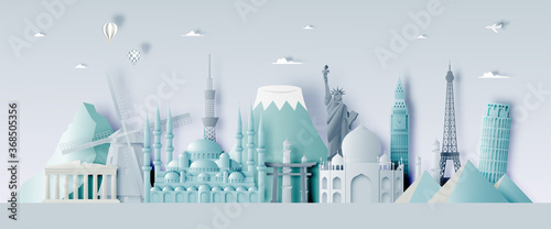 Cuadros en Lienzo Various travel attractions in paper art style