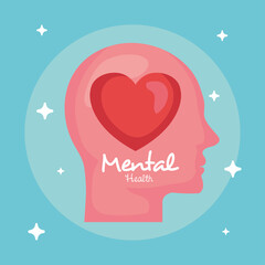 Wall Mural - mental health concept, and human profile with heart love vector illustration design