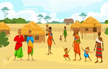 Tribe Ethnic People In Africa Flat Vector Illustration. Cartoon African Woman With Jug, Afro Character In Tribal Traditional Costume, Standing Near Ethnic Hut House In Village, Rural African Landscape